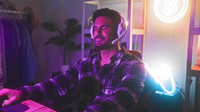 Man wearing headset and microphone sits with arms crossed beside a neon game controller and shelf in a studio under purple streaming lights; confidence focus.