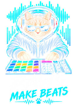 Paws make beats cool dj cat with headphones mixing on launchpad vintage halftone t-shirt design illustration