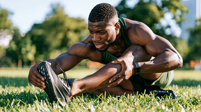 Muscular athlete kneels on green grass performing a deep hamstring stretch before a run, capturing focused warmup routine and active outdoor fitness motivation in bright morning sunlight.