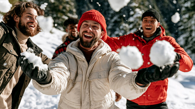 A group of men laugh and throw snowballs together in a snowy forest, genuine playful energy and motion during an outdoor winter fight.