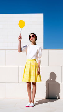 Fashion-forward woman balances a yellow pickleball paddle on her fingertip against bold architecture, blending luxury resort style with an editorial sport campaign.