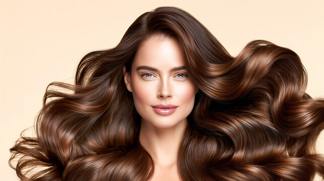Woman with long flowing brunette hair gazes forward, showcasing silky healthy texture and volume in a premium haircare beauty campaign with ivory studio background.