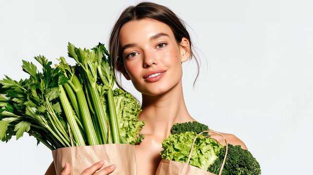 Woman holds paper grocery bags overflowing with fresh celery, lettuce, and kale, embodying healthy eating, organic produce, and sustainable natural beauty.