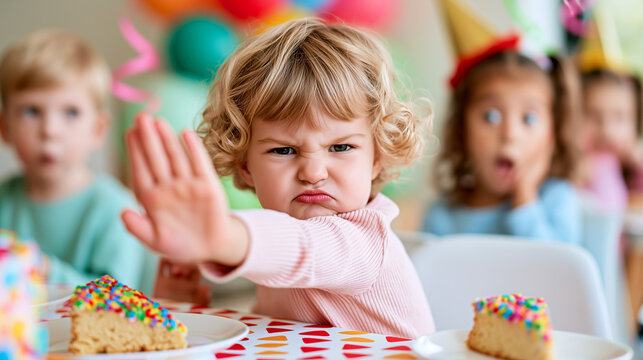 Toddler dramatically refuses birthday cake with hand raised in a stop gesture and offended expression. A humorous candid moment at a colorful children's birthday party.