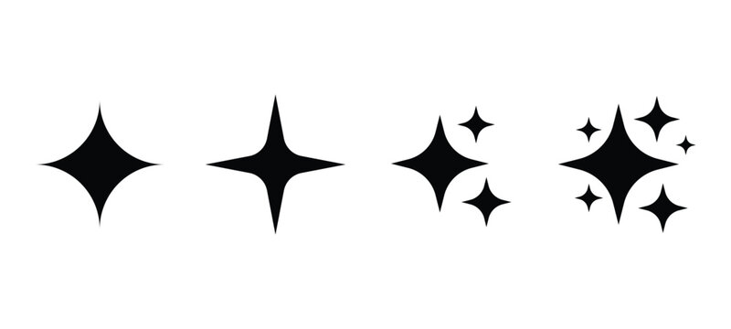Set of four different sparkle icons, star shapes with varying points and sizes, vector illustration