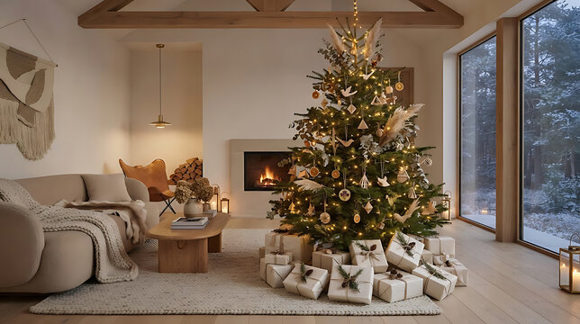 Majestic decorated christmas tree glowing with warm fairy lights standing inside modern cozy living room featuring neutral beige furniture and large winter window view