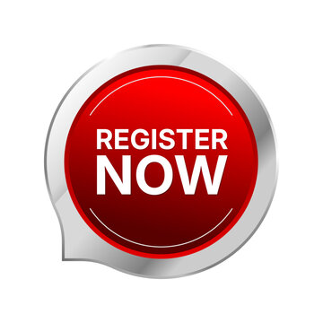 Register Now text with red circle speech bubble and shiny silver gradient. Vector illustration