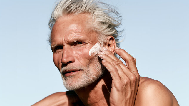 Mature man applies cream to his weathered cheek outdoors, natural skin texture and silver hair capture confident masculine skincare and anti-aging ritual.