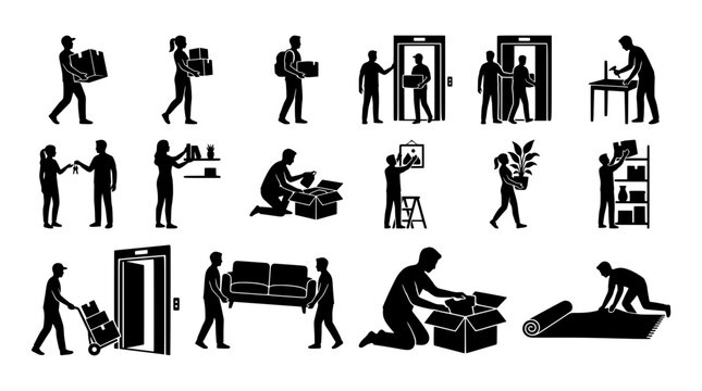 Moving silhouettes set with people carrying boxes, furniture, plants, and rolling carpet for home relocation