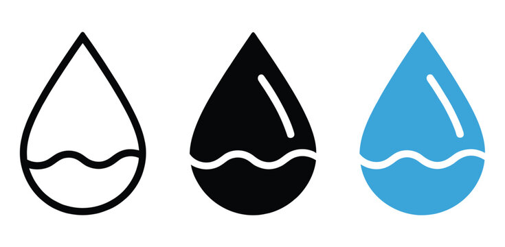 Water drop icons featuring half-filled liquid levels for hydration, fluid volume measurement, water quality, and refresh concepts, vector illustration