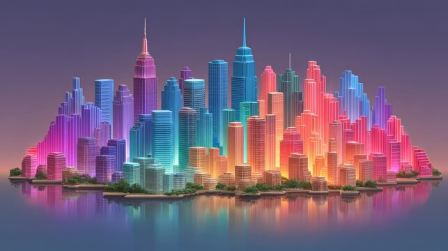 A stylized island city featuring glowing, rainbow-colored skyscrapers reflected on surrounding dark water.   