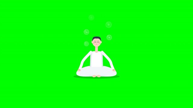 A grid of six cartoon figures in white robes performing a zen meditation pose on a solid green background. Ideal for instructional wellness videos or mindfulness app assets.