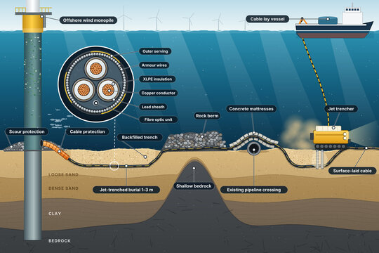 Submarine power cable burial cross-section with offshore wind monopile, rock berm, concrete mattresses and jet trencher, labeled cutaway infographic