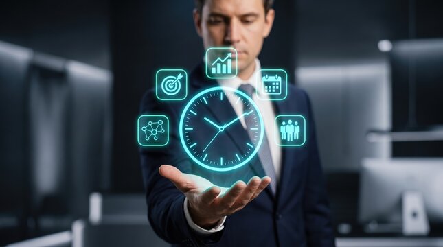 Time management concept featuring a professional man holding a glowing digital clock surrounded by floating icons representing growth charts, target goals, calendar schedules, and team network nodes