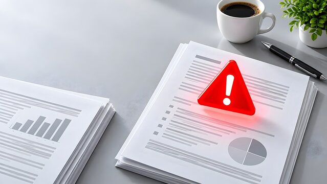 Glowing red hazard triangle hovering over stacked corporate financial charts highlighting compliance vulnerability