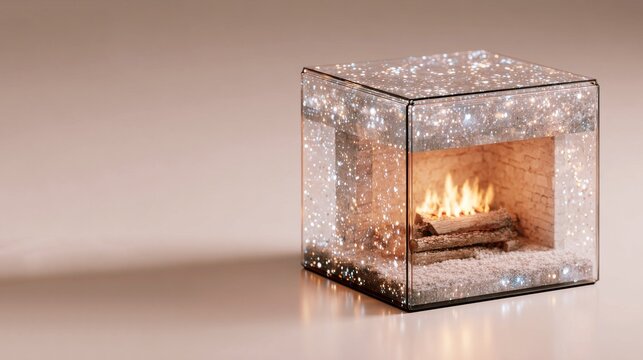 A modern glass cube fireplace containing burning logs and surrounded by floating crystalline particles.   