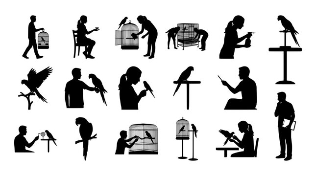 Bird keeper silhouettes set with people caring for parrots and macaws for logo and print