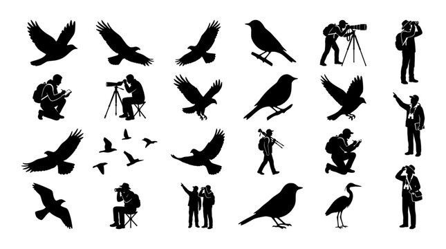 Birdwatcher silhouettes set with people observing birds and flying eagles for nature observation and wildlife spotting logo
