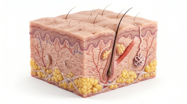 3D Illustration of Human Skin Anatomy Cross-Section Showing Layers and Hair Follicle Structure