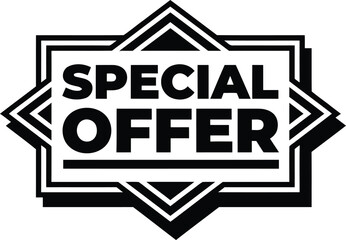 A bold black and white vactor graphic design featuring a special offer text label presented in a striking and modern geometric frame silhouette © Zebu