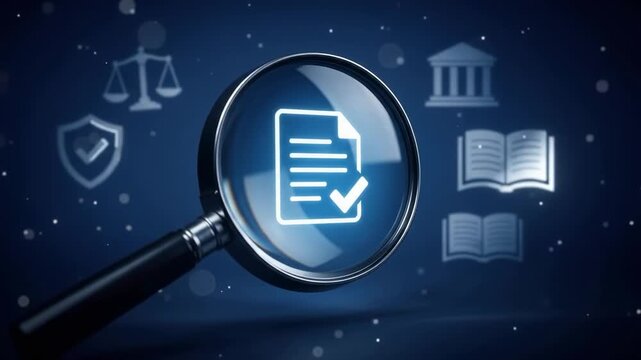 Magnifying glass over approved document checklist icon surrounded by scales of justice and bank
