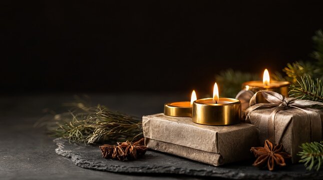 Elegant Christmas Composition Gold Candles and Gift Wraps Styled with Spruce for Product Banners
