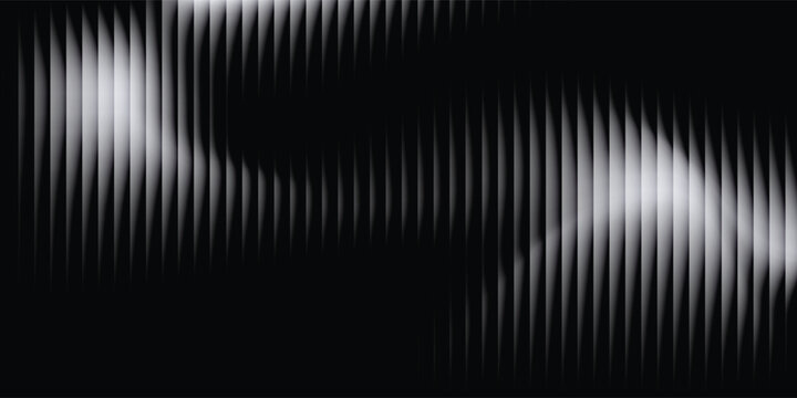 Black and silver ribbed parallel dynamic texture with glass effect and bright smooth fluted gradient lines in perspective.
