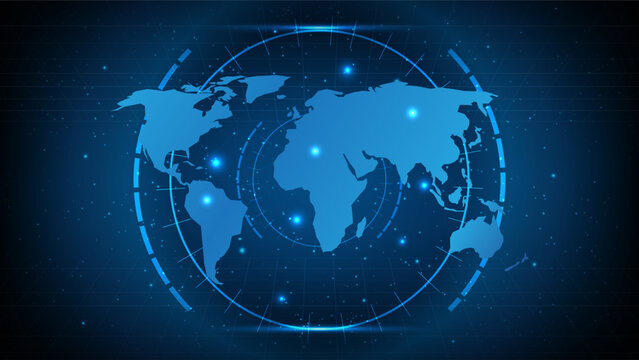 Futuristic global network technology background with world map, HUD interface and digital data communication