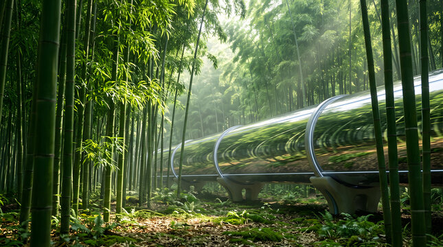 Zen Future: Sleek Mirrored Hyperloop Tube Running Through a Serene Lush Bamboo Forest