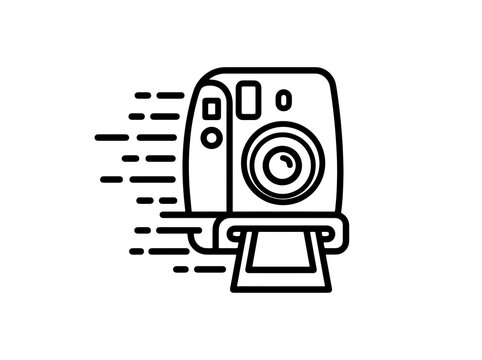 Instant camera printing a photo with speed lines suggesting fast development and capture