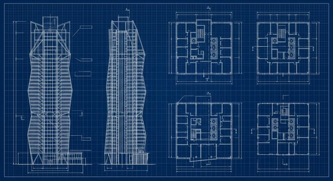 Architectural Blueprint Technical Drawing of a Modern Skyscraper
