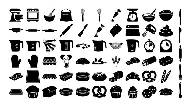 Baking ingredients and tools silhouettes set with mixer, oven, rolling pin, whisk, baking pans and bread for cooking and pastry design