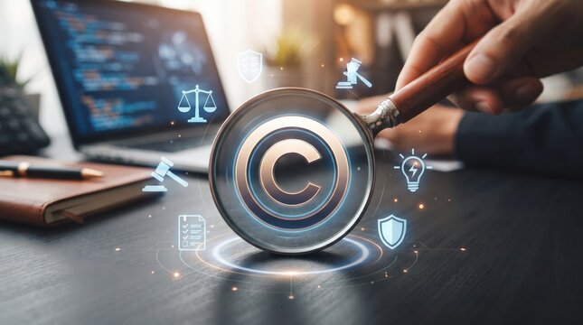 Copyright symbol under a magnifying glass with digital icons of legal scales, a gavel, a document, a shield, and a lightbulb representing intellectual property protection and modern digital security