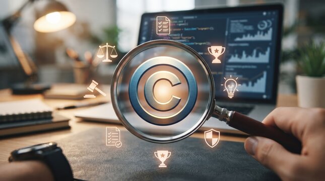 Copyright protection concept showing a magnifying glass focused on a metallic symbol above a desk with a laptop displaying programming code and various legal intellectual property icons surrounding it