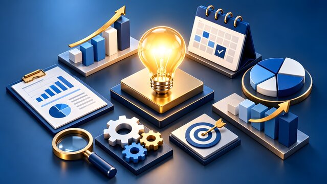Professional 3D rendering illustrating key business concepts of innovation, strategy, planning, growth, and analytics for corporate success.