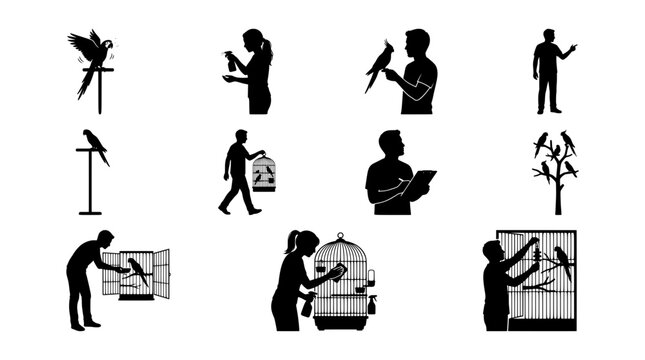 Bird keeper silhouettes set with people caring for parrots and cleaning cages for logo and signage
