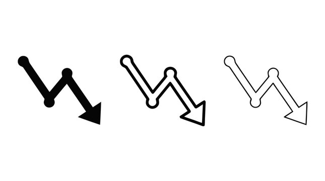 Vector illustration of set of three line chart icons with downward trend arrows on a transparent background