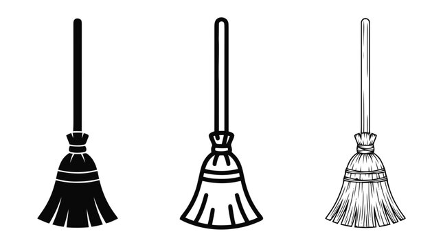 Vector illustration of broom vector icon, silhouette, and detailed sketch set on a transparent background