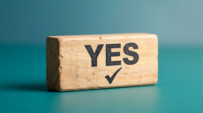 Wooden block with yes text and check mark
