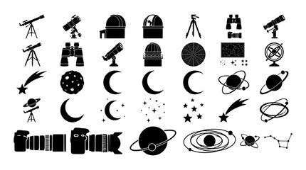 Astronomy silhouettes set with telescopes, observatories, planets, moon and stars for science and space exploration © Kalu