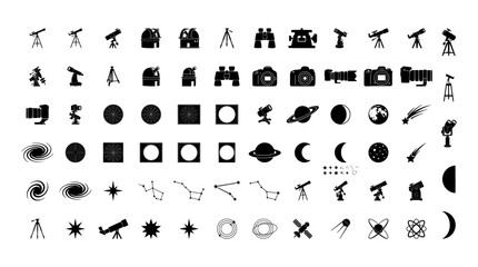 Astronomy silhouettes set with telescopes, observatories, cameras, planets, moon phases and galaxies for science and space exploration logos © Kalu