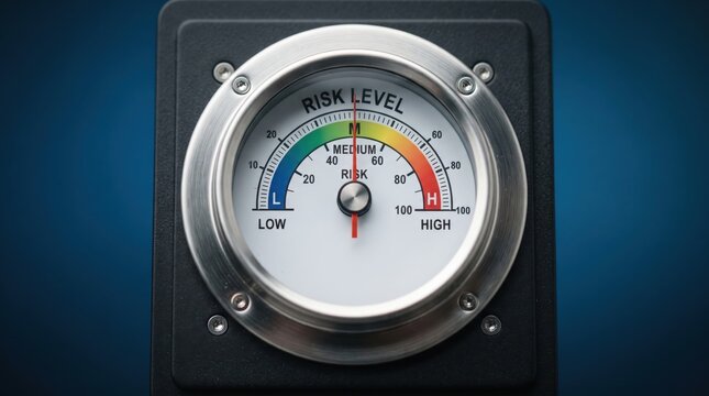 Risk Level Gauge Meter Showing A Medium Reading On A Circular Industrial Dial With A Brushed Metal Bezel And A Black Square Housing Against A Smooth Dark Blue Background For Financial Analysis