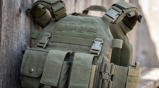 Olive green tactical plate carrier vest with molle webbing and utility pouches against wooden wall