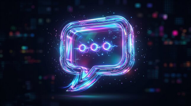 Ilustrasi digital 3D futuristik menampilkan ikon balon obrolan (chat bubble) bercahaya neon warna biru dan ungu dengan tiga titik animasi di dalamnya, berlatar belakang gelap teknologi modern.  