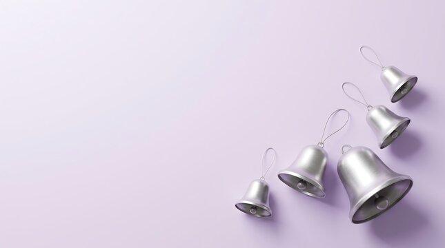Minimalist 3D Christmas bells background template featuring shiny metallic silver holiday decorations arranged diagonally on a light purple surface with generous copy space