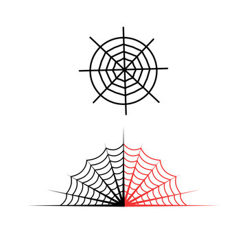 Set of black scary spider web icons, circular and halfweb designs