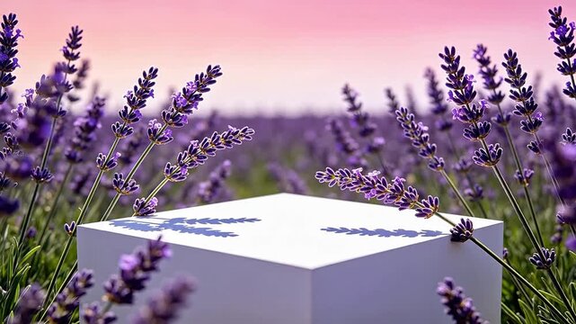 White cubic pedestal surrounded by purple lavender flowers