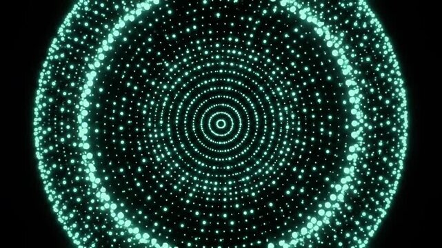 Glowing cyan glowing digital dots rotating in concentric circle patterns