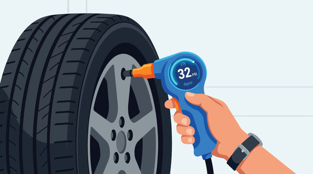 Vector Illustration of a Person Checking Car Tire Air Pressure with a Modern Digital Gauge Displaying 32 PSI for Vehicle Maintenance