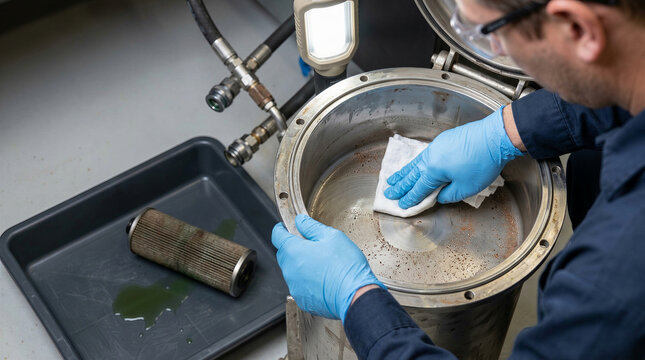 Technician cleaning heat exchanger of liquid cooling system in data center. Man in gloves and safety glasses wiping dirt inside metal housing with removed filter cartridge.
